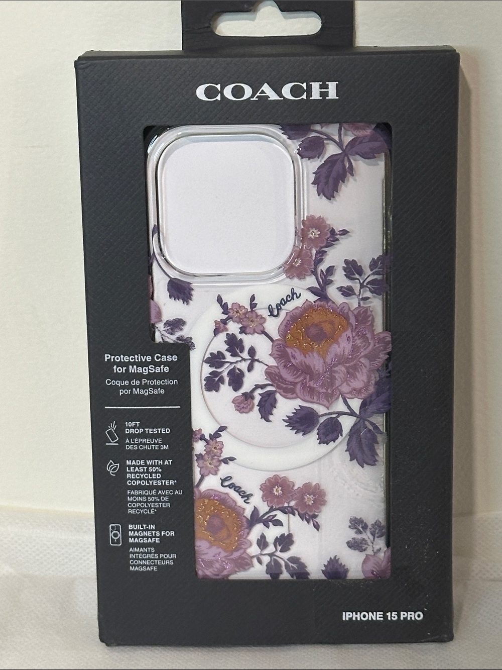 Coach iPhone 15 Pro MAGSAFE CASE Moody Floral Purple Roses Glitter NEW Rigid